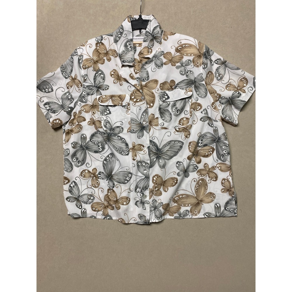 Alfred Dunner Womens 20W Butterfly Print Button Down Shirt Short Sleeve White